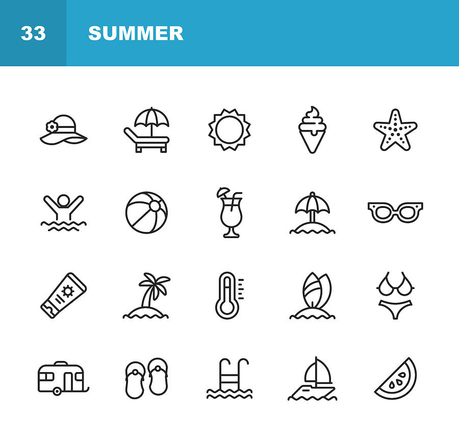 Summer Line Icons. Editable Stroke. Pixel Perfect. For Mobile and Web. Contains such icons as Summer, Beach, Party, Sunbed, Sun, Swimming, Travel, Watermelon, Cocktail, Beach Ball, Cruise, Palm Tree. #1 Drawing by Rambo182