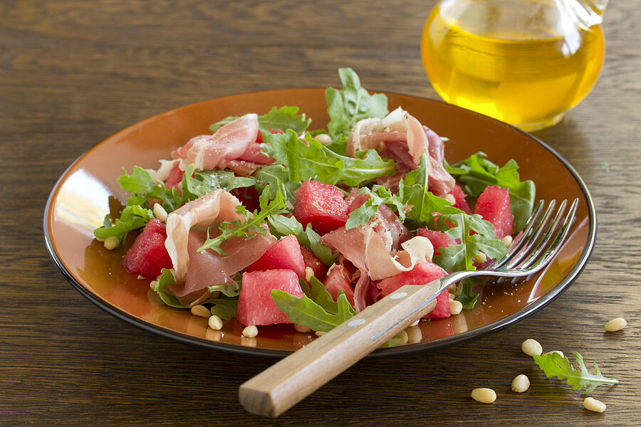 Summer salad with water-melon and prosciutto. #1 Photograph by Lesyy