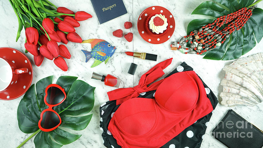Summer vacation concept flatlay with red feminine accessories. #1 Photograph by Milleflore Images