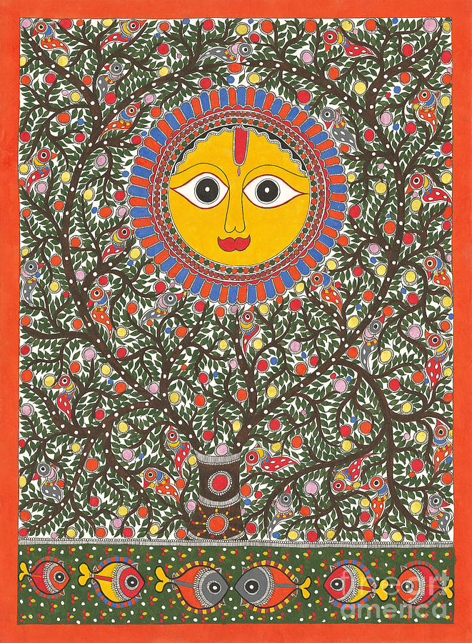 Madhubani Painting - Sun and Birds #1 by Mithila Crafts