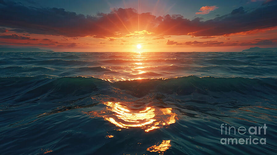 Sun Setting Over Vast Ocean Waves #1 Digital Art by Benny Marty