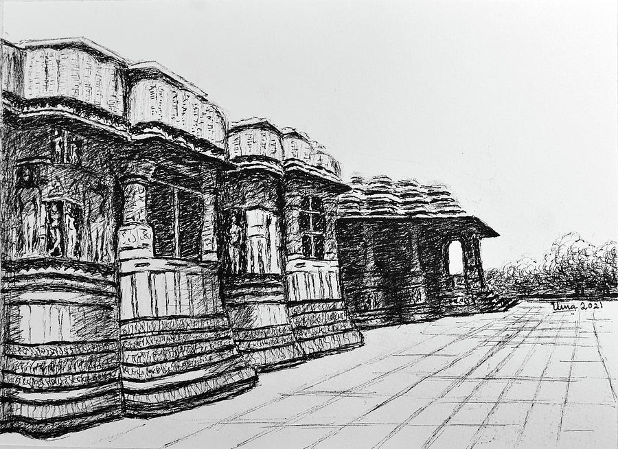 Sun Temple, Modhera, India 4 Drawing by Uma Krishnamoorthy