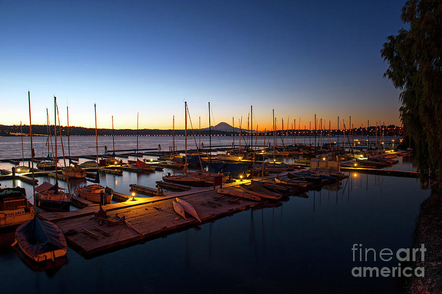 Sunrise With Sailboats And Mount Rainier  #1 Photograph by Jim Corwin
