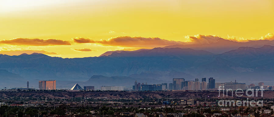 Las Vegas Sunset Aerial View With Mountain. Viewed From Top Of