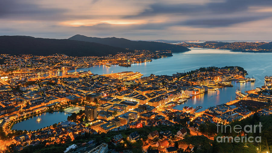 Sunset at Bergen as seen from Mount Floyen, Norway. #1 Photograph by Henk Meijer Photography