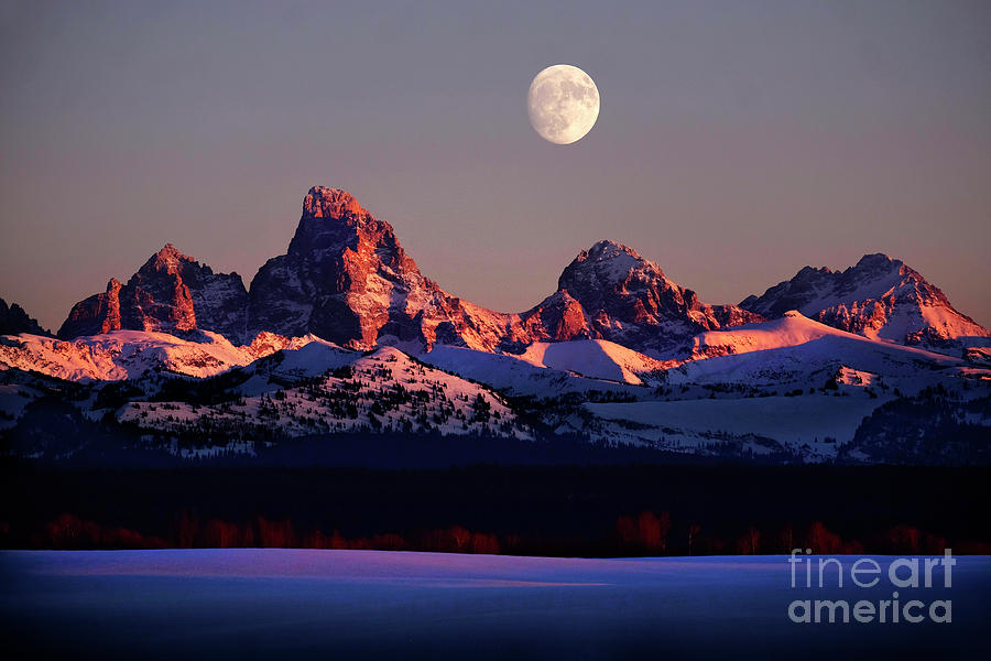 Sunset Light Alpen Glow on Tetons Teton Mountains wtih Moon Risi #1 Photograph by Lane Erickson