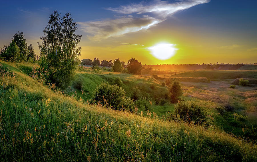 Sunset over beautiful hills with green grass and wildflowers ...