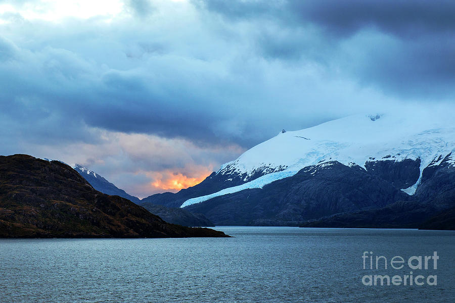 Sunset over Strait of Magellan and Snow Capped Mountains