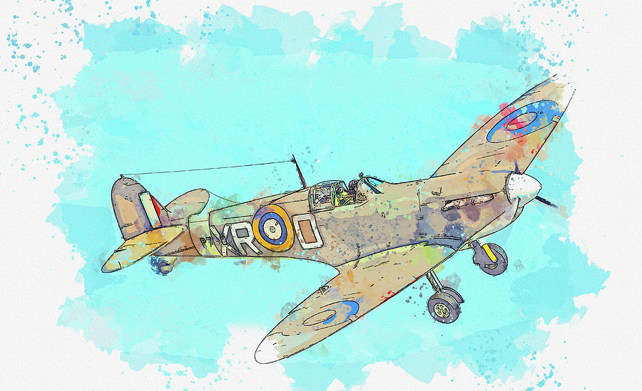 SUPERMARINE SPITFIRE A in watercolor ca by Ahmet Asar #1 Painting by Celestial Images