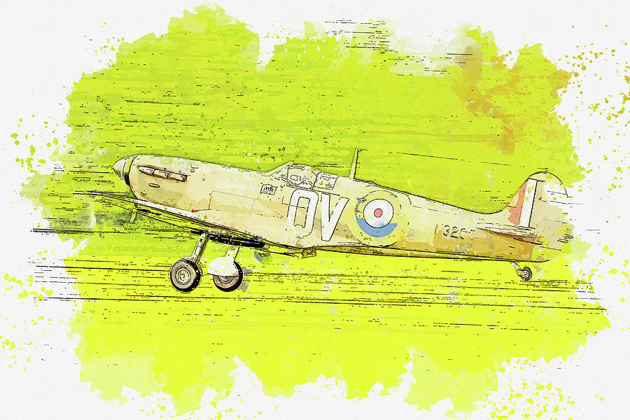 Supermarine Spitfire Mk-V in watercolor ca by Ahmet Asar  #1 Painting by Celestial Images
