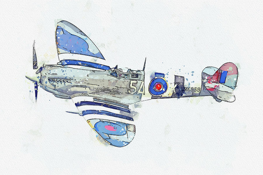 Supermarine Spitfire Mkin watercolor ca by Ahmet Asar  #1 Painting by Celestial Images