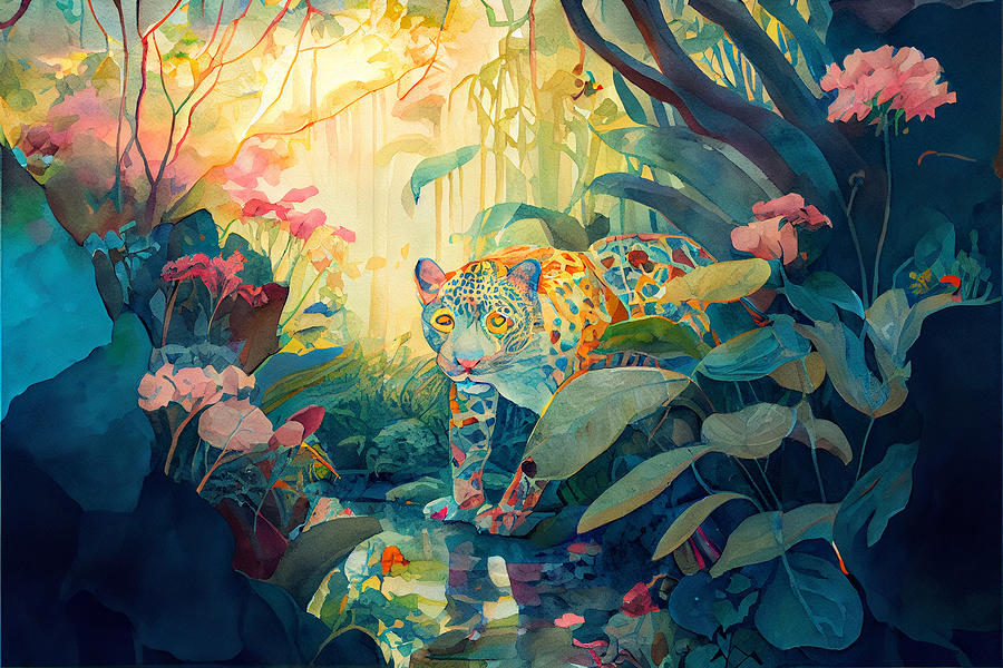 Surreal  Render  Watercolor  Painting  Of  Jaguar  By Asar Studios Digital Art