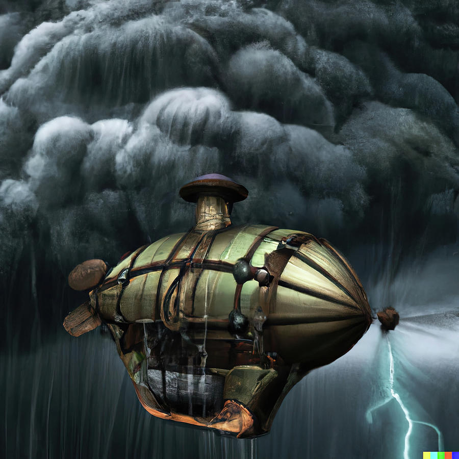 Surreal steampunk dirigible during a fierce storm Digital Art by Steve Estvanik