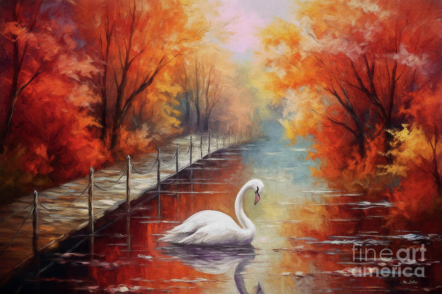 Swan In Autumn Painting by Tina LeCour