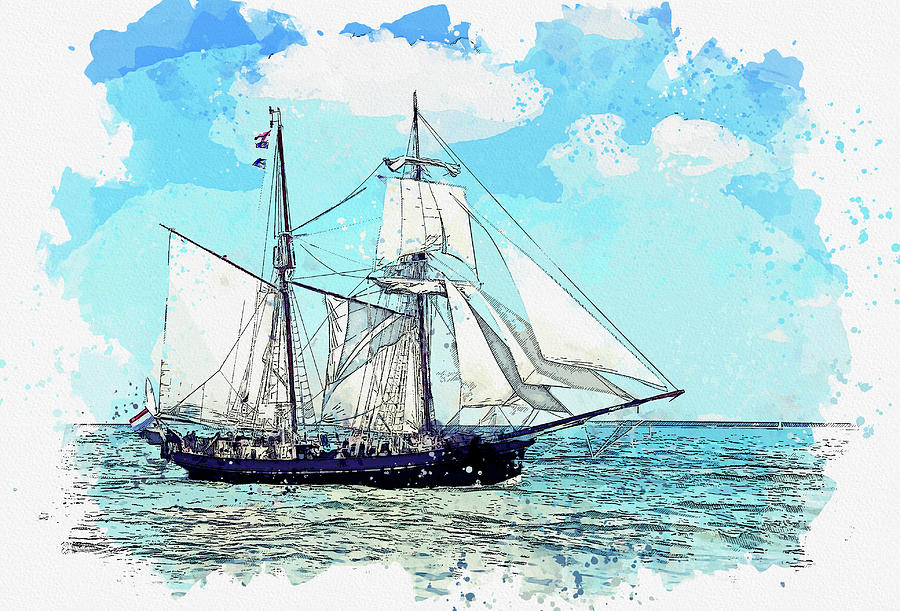 Tall Sail Ship 46, ca 2021 by Ahmet Asar, Asar Studios #1 Painting by Celestial Images