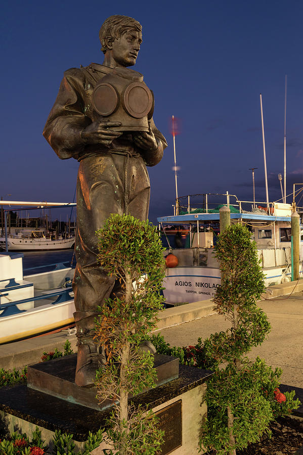 Tarpon Springs Sponge Diver Statue at Blue Hour, Tarpon Springs #1 Photograph by Dawna Moore Photography
