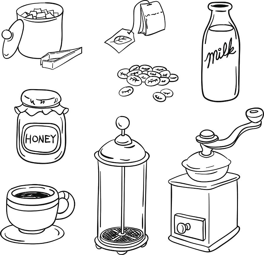 Tea Coffee equipment in black and white #1 Drawing by LokFung