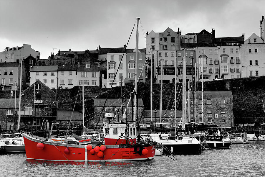 Tenby Harbour Red Boat BW Red Photograph by Jeremy Hayden