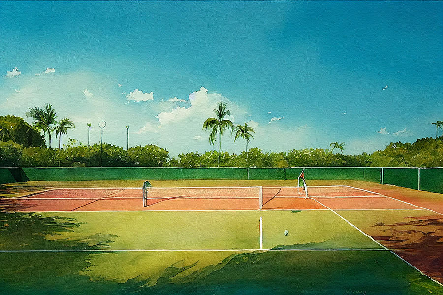 Tennis  In  The  Bahamas  Landscape  Watercolor  Painting  By Asar Studios Digital Art