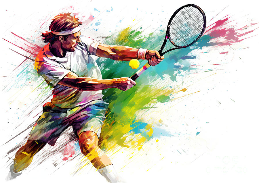 Tennis player in action during colorful paint splash. #1 Digital Art by Odon Czintos