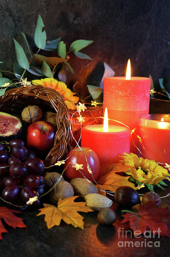 Thanksgiving Photograph - Thanksgiving cornucopia table setting centerpiece close up. #1 by Milleflore Images