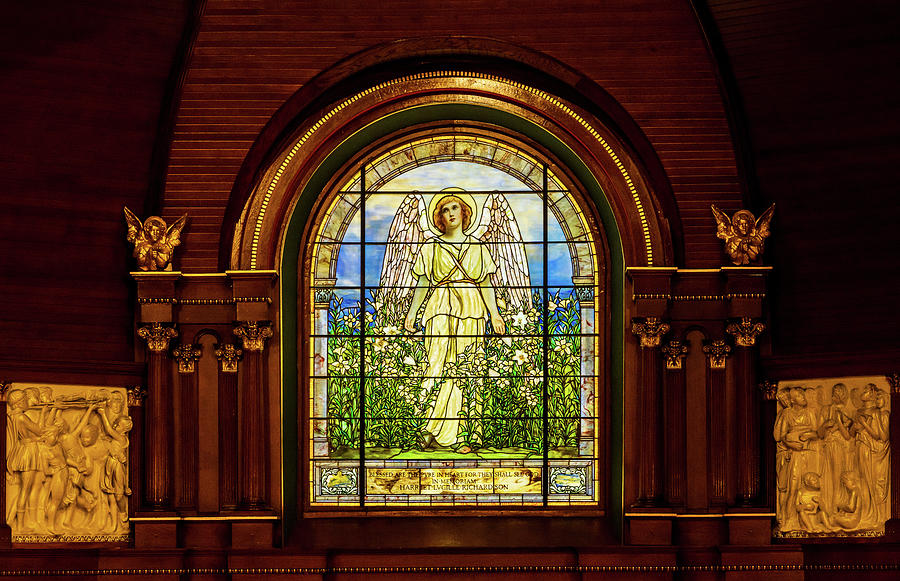 The Angel among the Lilies. Tiffany stained glass window. 1896 #1 Photograph by Steven Heap
