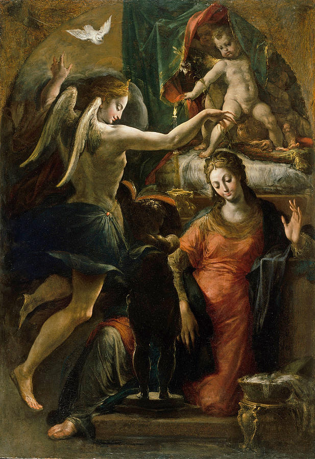The Annunciation #2 Painting by Attributed to Girolamo Mazzola Bedoli