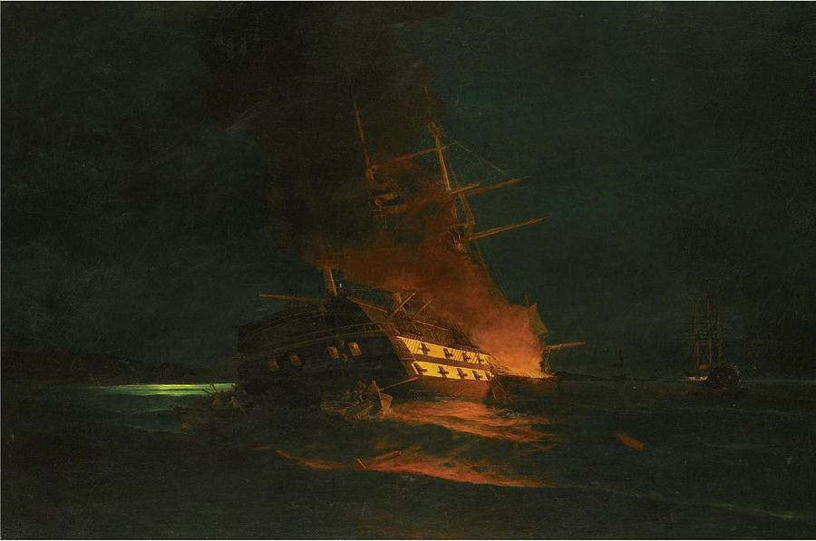 Frigate Painting - The burning of a Turkish frigate #1 by Konstantinos Volanakis