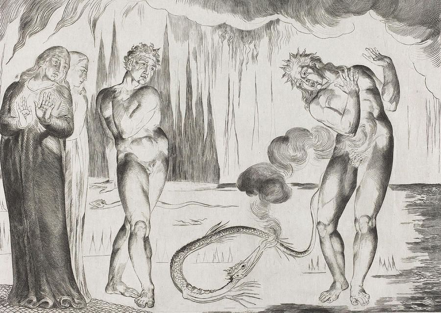 The Circle of the Thieves  Buoso Donati Attacked by the Serpent #1 Drawing by William Blake