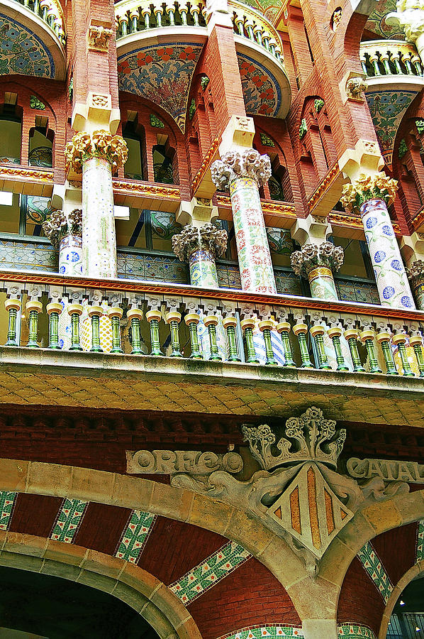 The colorful mosaic tile columns of the Musica Palau building in ...