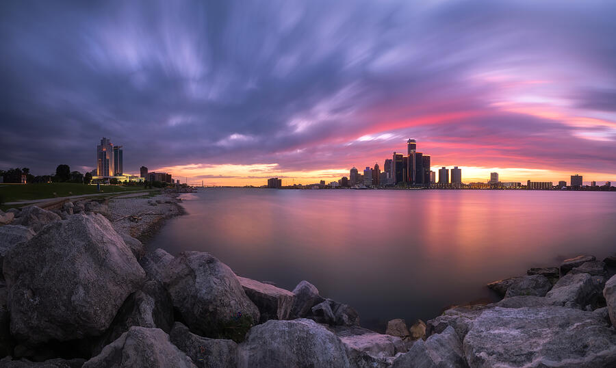 The Detroit and Windsor Skyline at Dusk #1 Photograph by Steven_Kriemadis