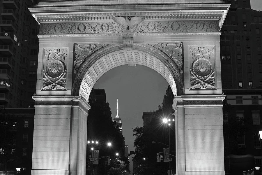 The Empire State Building through the Washington Square Arch Black and White #1 Photograph by Toby McGuire