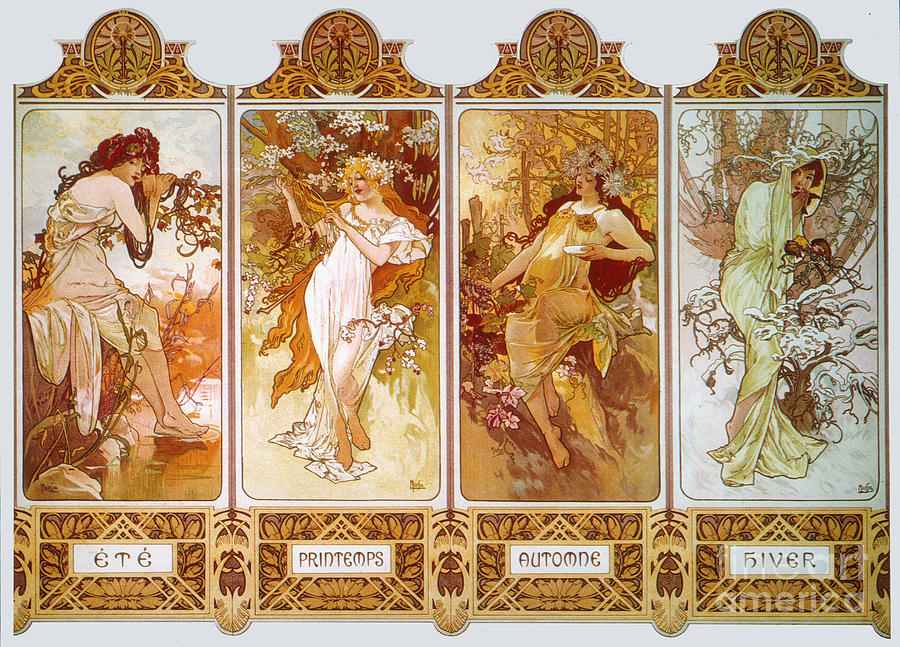 The Four Seasons #1 Drawing by Alphonse Mucha