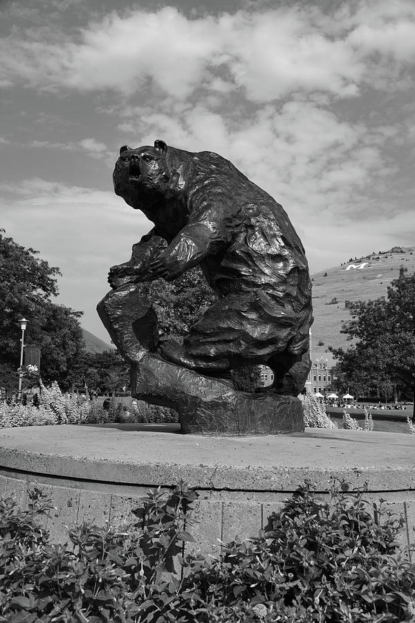 The Grizzly statue at the University of Montana - Grand Griz in black and white #1 Photograph by Eldon McGraw