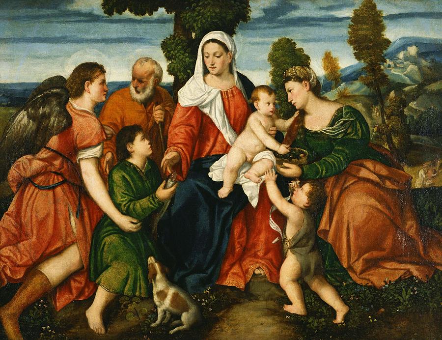 Veronese Painting - The Holy Family with Tobias and the Angel  Saint Dorothy  Giovannino  and the Miracle of the Corn beyond  #1 by Bonifazio Veronese