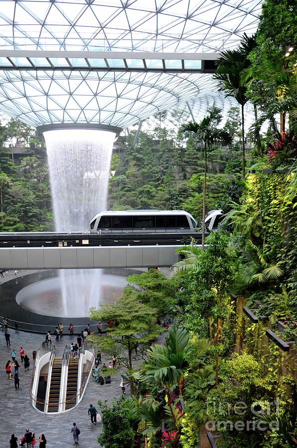 The Jewel Waterfall Monorail Gardens And Visitors Changi Airport Singapore Photograph