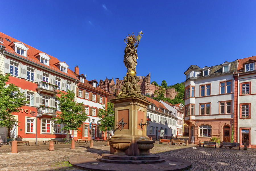 The Madonna statue in Kornmarkt square and castle in Heidelberg, #1 Photograph by Elenarts - Elena Duvernay photo