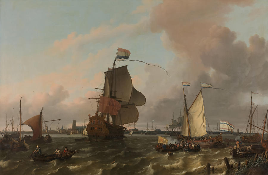 Boat Painting - The Man of War Brielle on the River Maas off Rotterdam #1 by Ludolf Bakhuysen