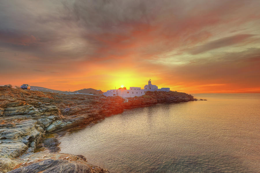 The monastery of Chrissopigi of Sifnos at sunrise, Greece #1 Photograph by Constantinos Iliopoulos