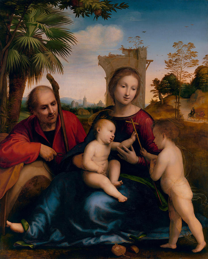 Fra Bartolomeo Painting - The Rest on the Flight into Egypt with St  John the Baptist  #1 by Fra Bartolomeo