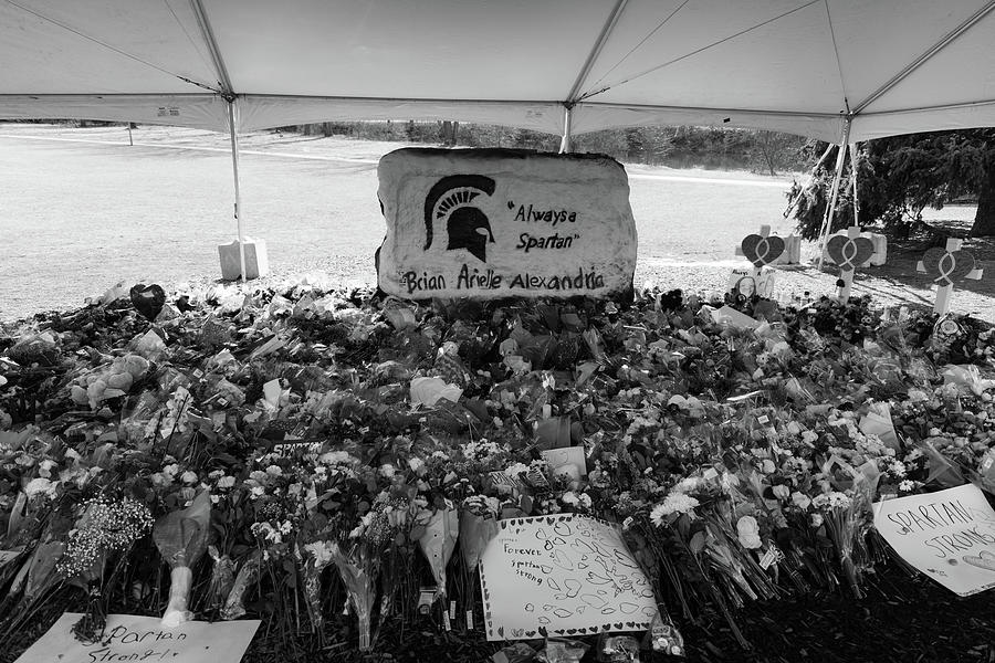 The Rock at Michigan State University with flowers in memory of the 2023 mass shooting victims #1 Photograph by Eldon McGraw