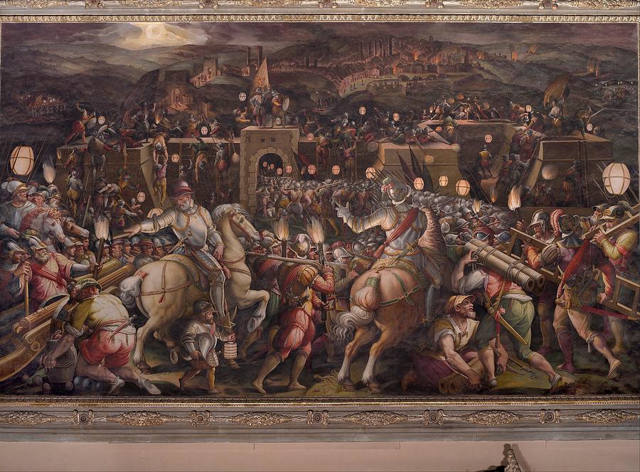 The storming of the fortress near Porta Camollia in Siena #2 Painting by Giorgio Vasari