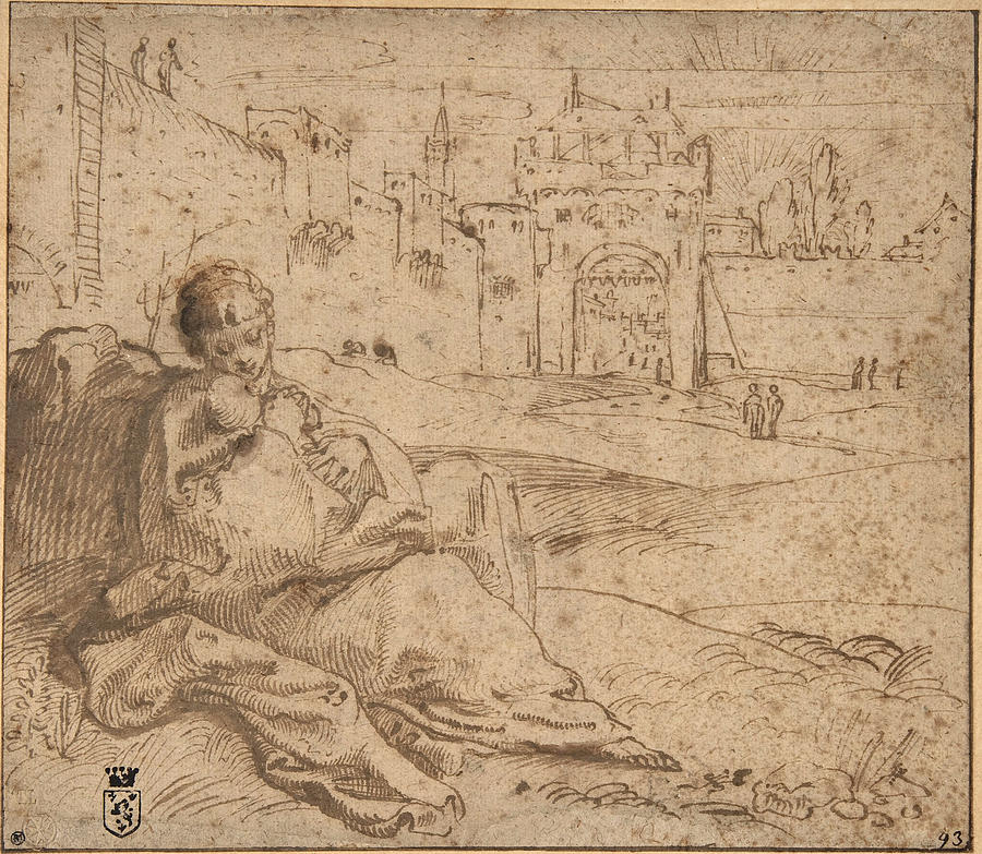 The Virgin and Child Resting Outside a City Gate #2 Drawing by Annibale Carracci