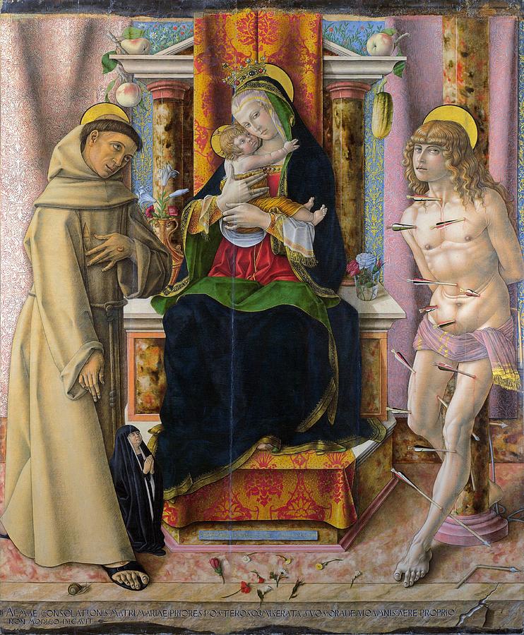 Sebastian Painting - the Virgin and Child with Saints Francis and Sebastian #1 by Carlo Crivelli