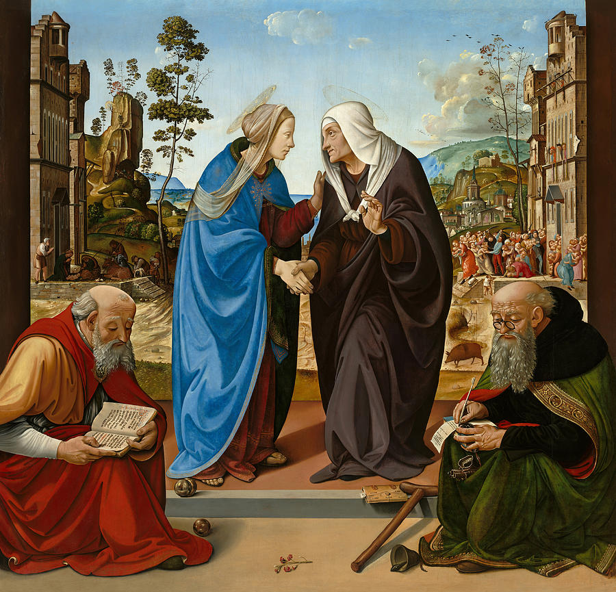The Visitation with Saint Nicholas and Saint Anthony Abbot #1 Painting by Piero di Cosimo