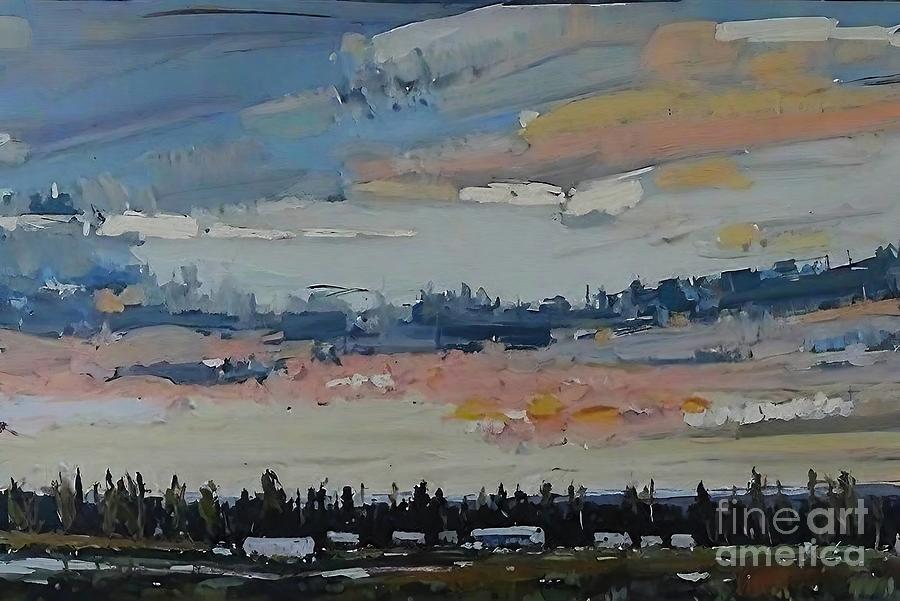 Sunset Painting - Theatrical Moment Painting sunset contemporary original oil impressionism landscape abstract art artwork backdrop background decorative design grunge oil paint pastel pastel background pastel shades #1 by N Akkash