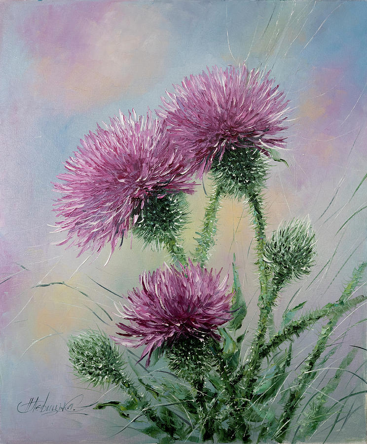 Thistle oil painting Original floral art Botanical painting Wildflower ...