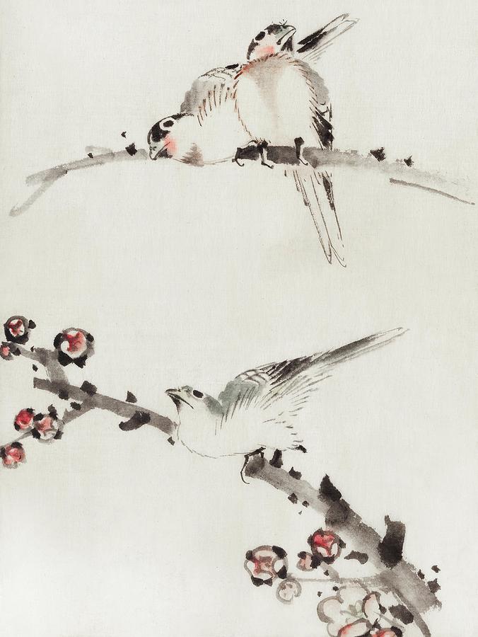 Three Birds Perched on Branches, One with Blossoms #2 Painting by Katsushika Hokusai Three Birds Perched on Branches, One with Blossoms #2 Painting by Katsushika Hokusai