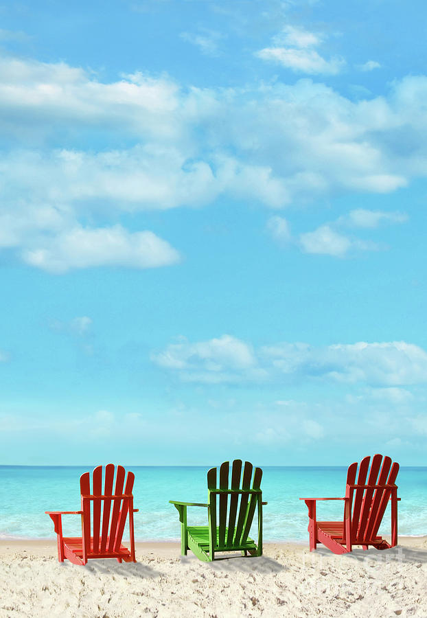 Three deck chairs near the ocean #1 Photograph by Sandra Cunningham