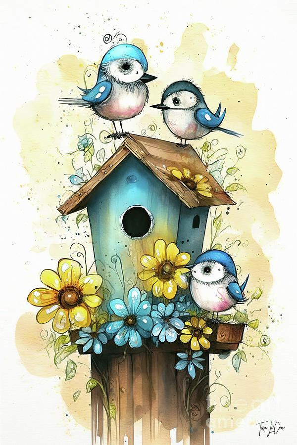 Bird Painting - Three Little Bluebirds by Tina LeCour